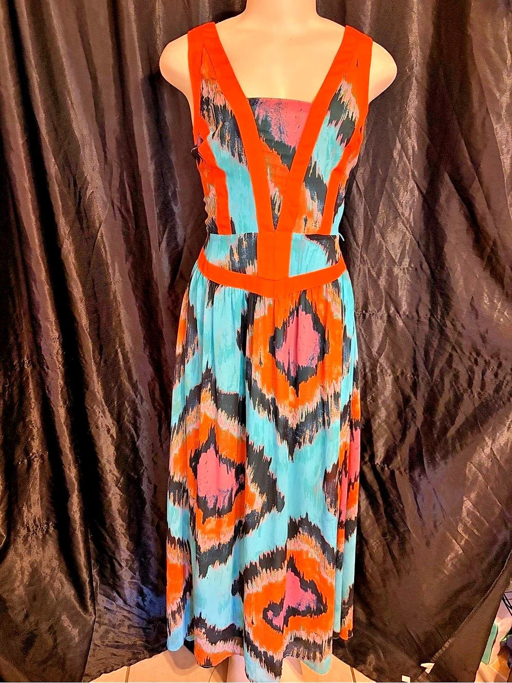 GB Abstract Midi Dress in Orange & Blue Like New